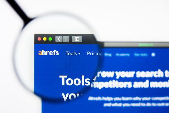 San Francisco, California, USA - 8 April 2019: Illustrative Editorial of Ahrefs website homepage. Ahrefs logo visible on display screen.