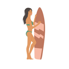 Girl in swimsuit with surfboard stands. Young female athlete leads a healthy active lifestyle. Vector flat cartoon isolated illustration.