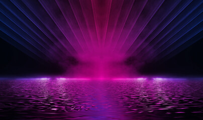Abstract dark futuristic background. Neon rays of light are reflected from the water. Background of empty stage show, beach party. 3d illustration
