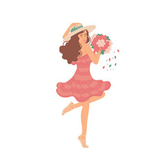 Girl in summer dress with bouquet dancing. Vector flat cartoon isolated illustration.