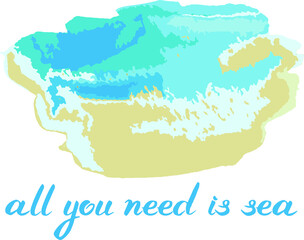 Obraz premium Vector set abstact spot : blue and beige colors looks like sea wave with foam and sand , hand written lettering . Summer design for card. poster, flyer about vacations or travel.