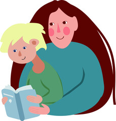 mom  hugs son. with care and love.  happy boy reads book.   Vector flat illustration