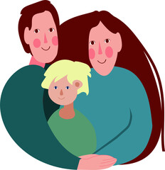 mom dad and son hug each other. happy family members care and love.  Vector flat illustration