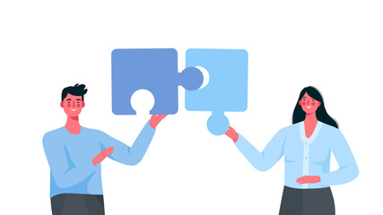 Puzzle relationship concept. Team metaphor. Couple connecting puzzle elements.Vector cartoon illustration. Relationship, friendship or coworkers. Man and woman on white isolated background.