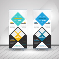 Roll-up for exhibitions, banner for seminar, layout for placement of photos. Universal stand for conference.	