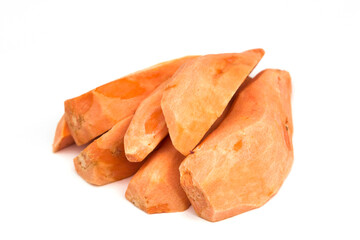 Sweet potato slices on a white background.