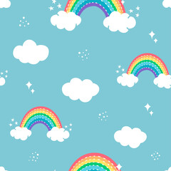 rainbow clouds seamless pattern on the blue background, white clouds and stars