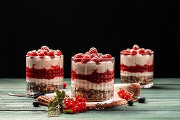 Parfait with granola, berries and whipped cream. fresh raspberry dessert, catering, banner menu recipe place for text