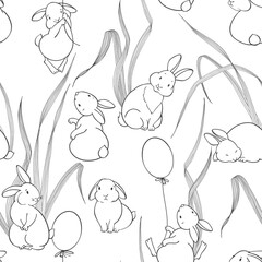 Cute rabbits and grass on white. Seamless pattern. Cartoon vector illustration. Animal background
