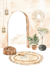 Watercolor illustration of modern interior with arc, plants on pots, rug and lamps. Tropical vibes. Home decor pre-made composition. Perfect for posters, prints, magazine, cards