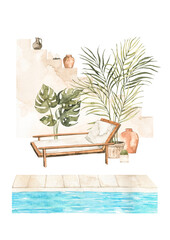 Watercolor illustration of modern interior with sunbed, plants on pots, pool and stairs. Tropical vibes. Resort decor pre-made composition. Perfect for posters, prints, magazine, cards