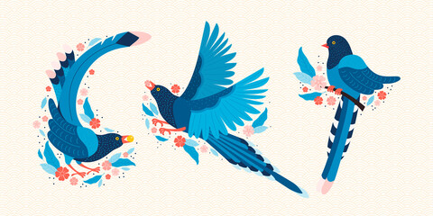 Taiwan blue magpie. Symbol of Taiwan Urocissa caerulea. Exotic birds of Taiwan, China and of Asia. Blue cartoon bird and pink sakura blossoms. Hand drawn vector flat illustration in Scandinavian style