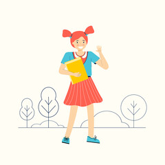 Schoolchild with a textbook goes to school. Smart girl with a book. Hand drawn funny children cartoon character. Happy smiley teenage girl. Back to school. Modern flat colorful vector illustration.