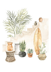 Watercolor illustration of modern interior with stairs, home plants on pots and surf board. Tropical vibe. Cactus, succulent Home decor pre-made composition. Perfect for posters, prints, magazine