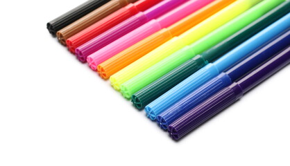 Fototapeta premium Colorful felt pens, markers arranged in row, isolated on white background