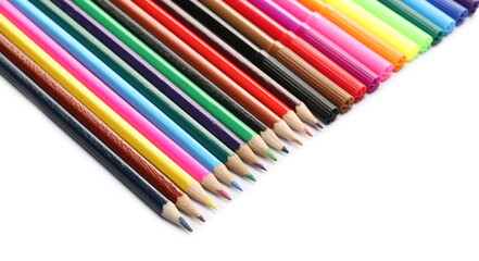 Colorful felt pens, markers and pencils arranged in row, isolated on white background