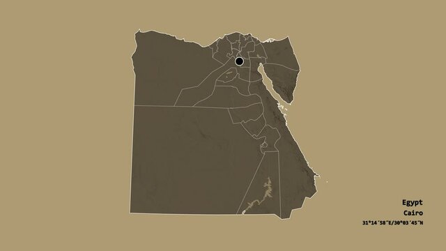 Janub Sina, governorate of Egypt, with its capital, localized, outlined and zoomed with informative overlays on a administrative map in the Stereographic projection. Animation 3D