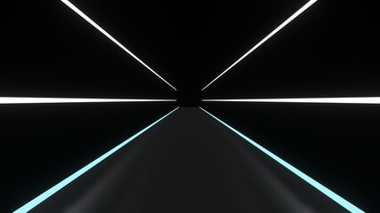 Abstract background glowing lines tunnel, white and blue neon lights. 3D rendering image