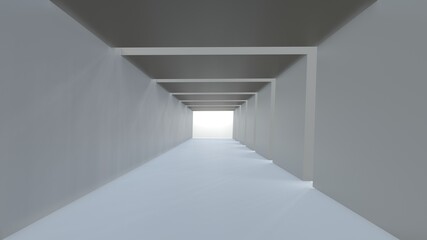 Abstract background empty long light modern corridor, white square tunnel. 3D rendering image