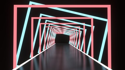 Abstract background glowing lines tunnel, neon lights, square portal, red and blue colors. 3D rendering image