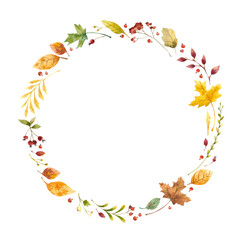 Autumn leaves watercolor decorative round frame. Retro fall foliage with red guelder berries. Seasonal botanical wreath with copyspace.