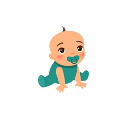 Little cute baby in green clothes. Baby with a pacifier in his mouth. Cartoon character. Flat vector illustration..