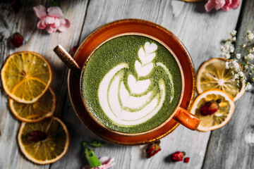Asian decorated matcha green tea latte art