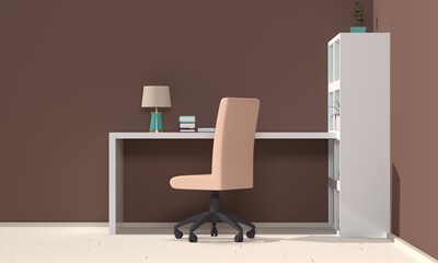 Modern style workplace interior with white table and brown wall. Front view. 3d rendering