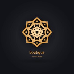 Luxury logotype in the shape of a flower for antique boutique. Gold logo, flower. Simple geometric sign. Icons, business, invitations. Volumetric golden big bud. Vintage. Islam, Arabic, Indian.