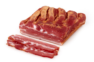 Raw smoked bacon, block and slices.
