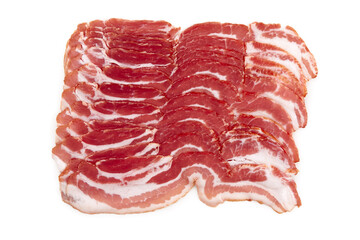 Raw smoked bacon, slices, isolated on white background. Top view.