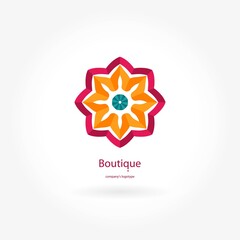 Bright and juicy beautiful circular logo for boutique, flower shop, business. Company mark, emblem, element. Simple geometric mandala logotype. Kaleidoscope big bud. Surround abstract blossom.