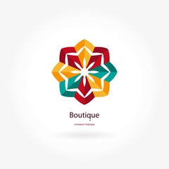 Bright and juicy beautiful circular logo for boutique, flower shop, business. Company mark, emblem, element. Simple geometric mandala logotype. Kaleidoscope big bud. Surround abstract blossom.