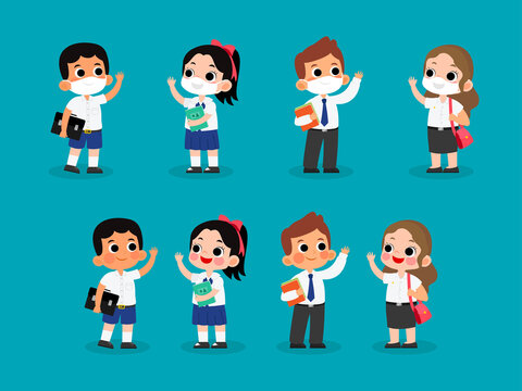 Set of Thai middle school and University student uniforms vector illustration. Wearing mask and without mask character