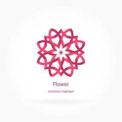 Bright and juicy pink beautiful circular logo for boutique, flower shop, business. Company mark, emblem, element. Simple geometric mandala logotype. Kaleidoscope big bud. Surround abstract blossom.