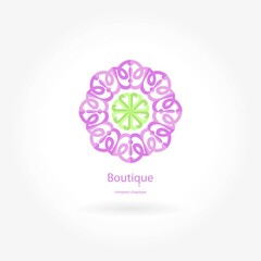 Bright and juicy beautiful circular logo for boutique, flower shop, business. Company mark, emblem, element. Simple geometric mandala logotype. Kaleidoscope big bud. Surround abstract blossom.