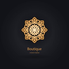 Luxury logotype in the shape of a flower for antique boutique. Gold logo, flower. Simple geometric sign. Icons, business, invitations. Volumetric golden big bud. Vintage. Islam, Arabic, Indian.