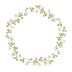 Round frame with clover. Watercolor wild flowers. Floral wreath with place for text on white. Can be used creating card or invitation card.