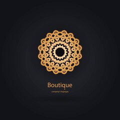 Luxury logotype in the shape of a flower for antique boutique. Gold logo, flower. Simple geometric sign. Icons, business, invitations. Volumetric golden big bud. Vintage. Islam, Arabic, Indian.