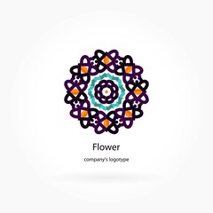 Bright and juicy beautiful circular logo for boutique, flower shop, business. Company mark, emblem, element. Simple geometric mandala logotype. Kaleidoscope big bud. Surround abstract blossom.
