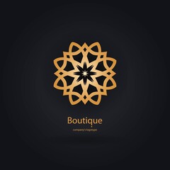 Luxury logotype in the shape of a flower for antique boutique. Gold logo, flower. Simple geometric sign. Icons, business, invitations. Volumetric golden big bud. Vintage. Islam, Arabic, Indian.