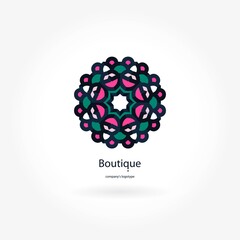Bright blu, pink beautiful circular logo for boutique, flower shop, business. Company mark, emblem, element. Simple geometric mandala logotype. Kaleidoscope big bud. Surround abstract blossom.