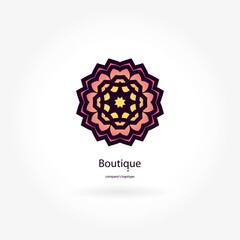 Bright blu, pink beautiful circular logo for boutique, flower shop, business. Company mark, emblem, element. Simple geometric mandala logotype. Kaleidoscope big bud. Surround abstract blossom.