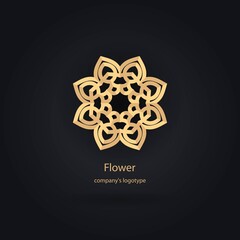 Luxury logotype in the shape of a flower for antique boutique. Gold logo, flower. Simple geometric sign. Icons, business, invitations. Volumetric golden big bud. Vintage. Islam, Arabic, Indian.