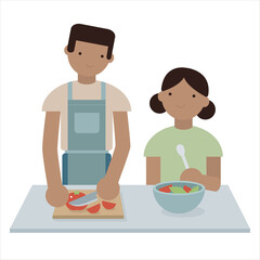 Illustration of a father and daughter cooking together. Family activites at home.