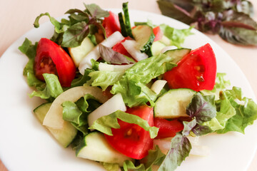 Salad With Fresh Vegetables: cucumbers, tomatoes, salad, pepper and basil. 