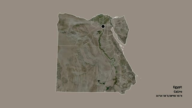 Shamal Sina', governorate of Egypt, with its capital, localized, outlined and zoomed with informative overlays on a satellite map in the Stereographic projection. Animation 3D