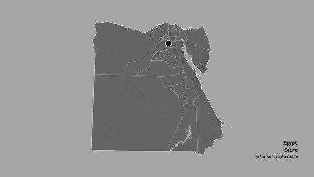 Suhaj, governorate of Egypt, with its capital, localized, outlined and zoomed with informative overlays on a bilevel map in the Stereographic projection. Animation 3D