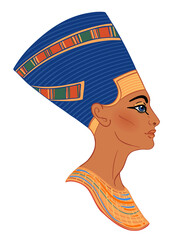 Egyptian queen Nefertiti isolated on white background. Great Royal Wife of the Egyptian Pharaoh Akhenaten. Illustration isolated vector.