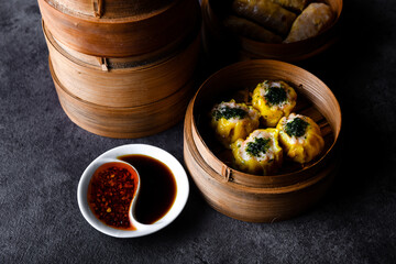 Dim SUM . Chinese dimsum bamboo steamer